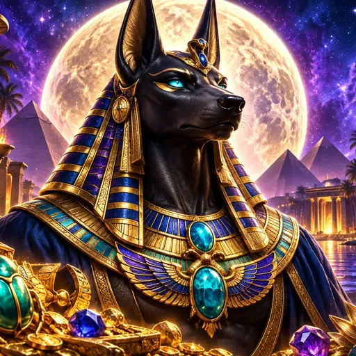 Anubis' Moon pokie cover art showing Anubis beside a moonlit Egyptian temple
