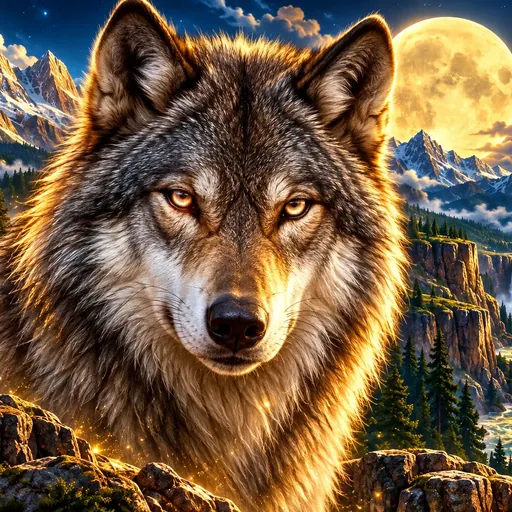 Wolf Gold pokie cover art with a wolf pack and gold coins across wild plains reels